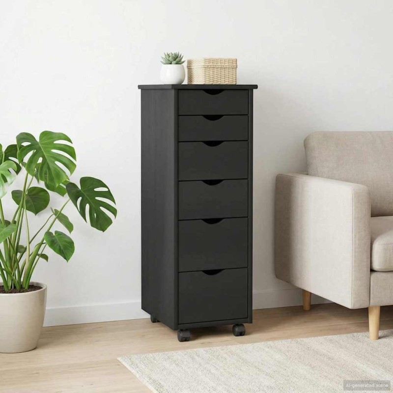 Cabinet roulant Noir 34 x 39 x 93,5 cm Bois de Pin Massif 583433583433