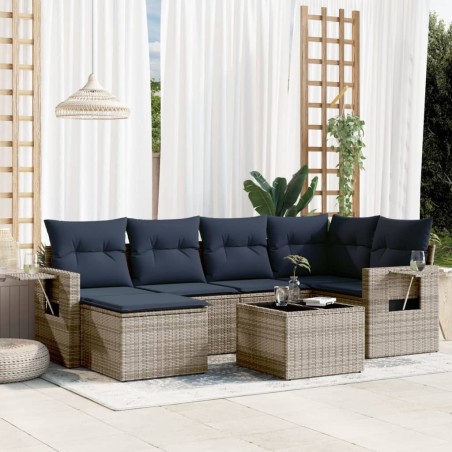 Ensemble de canapé de jardin 7 pcs avec coussins gris résine tressée 583495583495