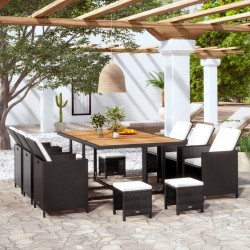Ensemble à manger d'extérieur 11pcs Rotin et bois d'acacia Noir 583693583693
