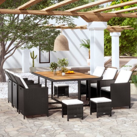 Ensemble à manger d'extérieur 11pcs Rotin et bois d'acacia Noir 583693583693