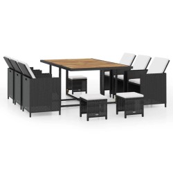 Ensemble à manger d'extérieur 11pcs Rotin et bois d'acacia Noir 583693583693
