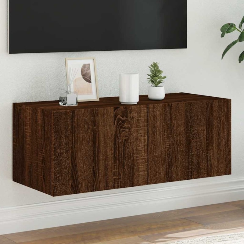 Meuble TV mural avec lumières LED chêne marron 80x35x31 cm 583861583861