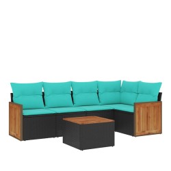 Ensemble de canapé de jardin 6 pcs avec coussins noir résine tressée 583922583922