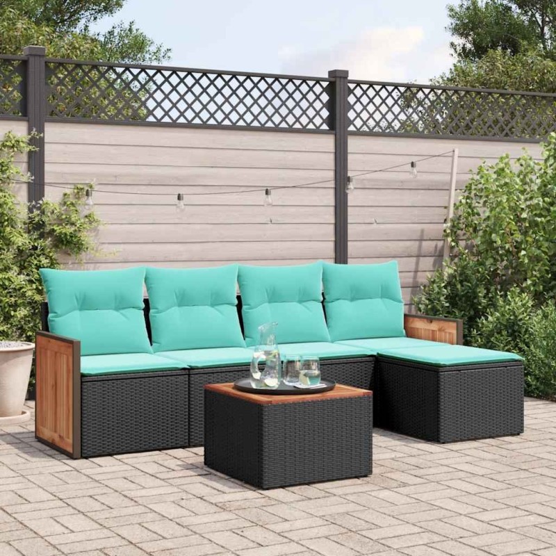 Ensemble de canapé de jardin 6 pcs avec coussins noir résine tressée 583923583923