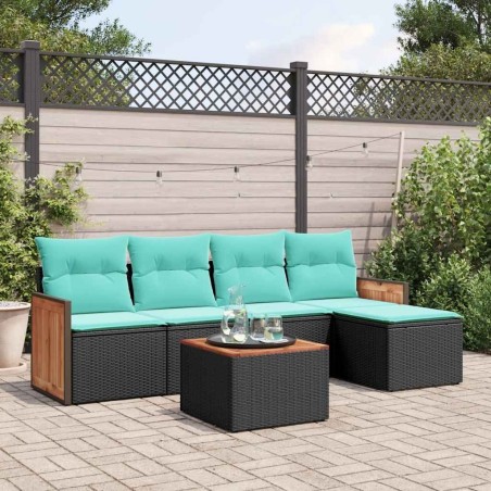 Ensemble de canapé de jardin 6 pcs avec coussins noir résine tressée 583923583923