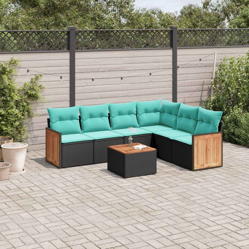 Ensemble de canapé de jardin 7 pcs avec coussins noir résine tressée 583927583927