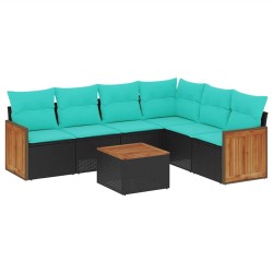 Ensemble de canapé de jardin 7 pcs avec coussins noir résine tressée 583927583927