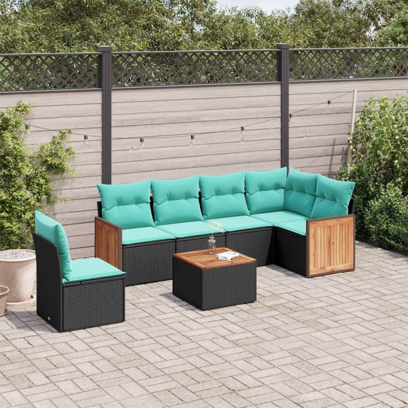 Ensemble de canapé de jardin 7 pcs avec coussins noir résine tressée 583930583930