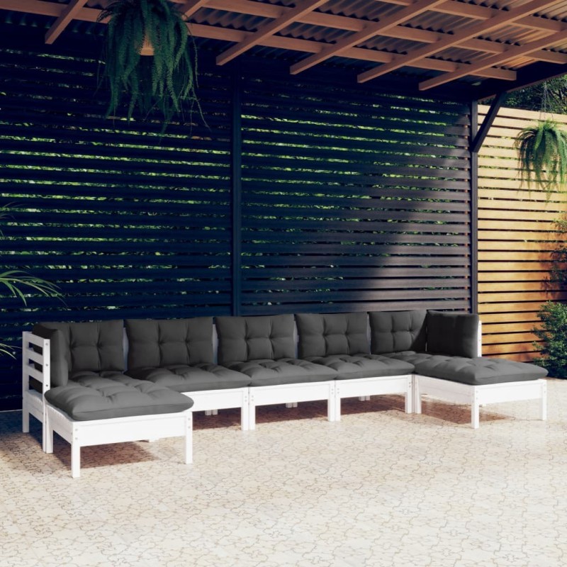 Salon de jardin 7 pcs avec coussins blanc bois de pin 584046584046