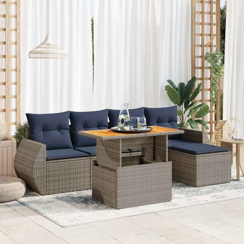Salon de jardin 6 pcs avec coussins gris résine tressée 584071584071
