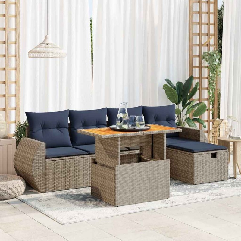 Salon de jardin 6 pcs avec coussins noir résine tressée acacia 584083584083