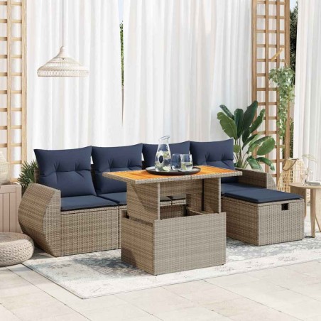 Salon de jardin 6 pcs avec coussins noir résine tressée acacia 584083584083