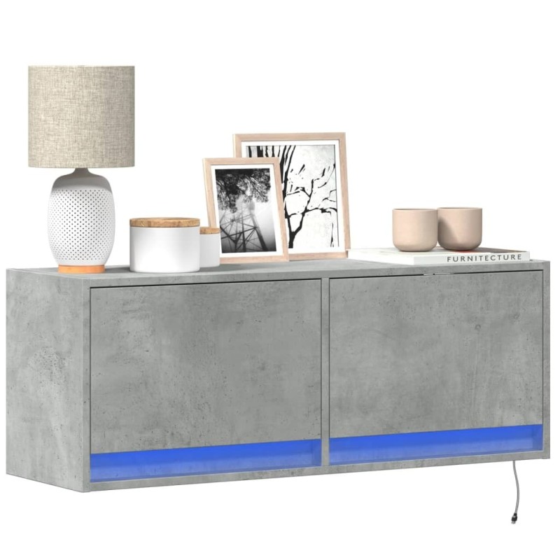 Meuble TV mural avec lumières LED gris béton 100x31x35 cm 584100584100
