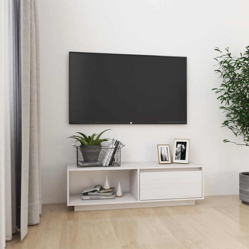 Meuble TV Blanc 110x30x33,5 cm Bois de pin massif 584134584134