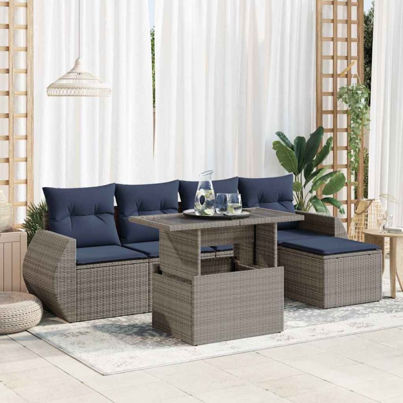 Salon de jardin avec coussins 6 pcs gris résine tressée acacia 584185584185