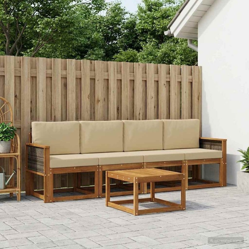 Ensemble de canapés d'extérieur avec coussin 4 pcs Naturel 584383584383
