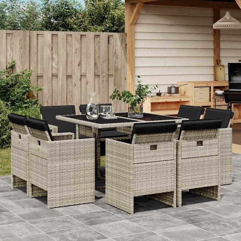 Ensemble à manger de jardin et coussins 9 pcs gris clair rotin 584474584474