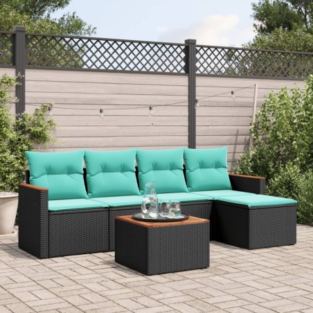 Ensemble de canapé de jardin 6 pcs avec coussins noir résine tressée 584482584482