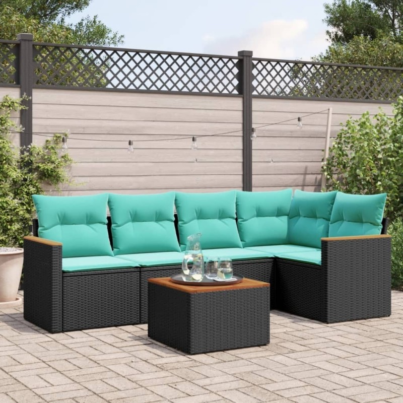 Ensemble de canapé de jardin 6 pcs avec coussins noir résine tressée 584484584484