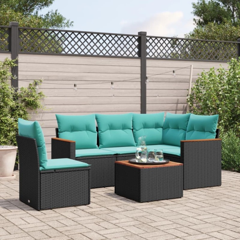 Ensemble de canapé de jardin 6 pcs avec coussins noir résine tressée 584485584485