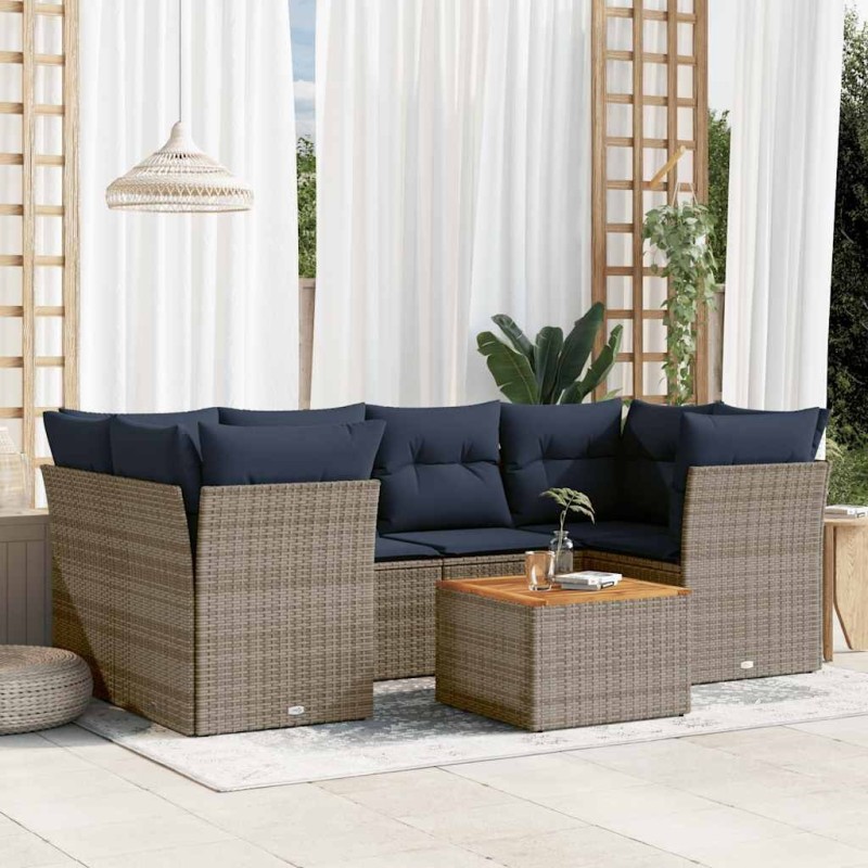 Salon de jardin 7 pcs avec coussins gris résine tressée 614093614093