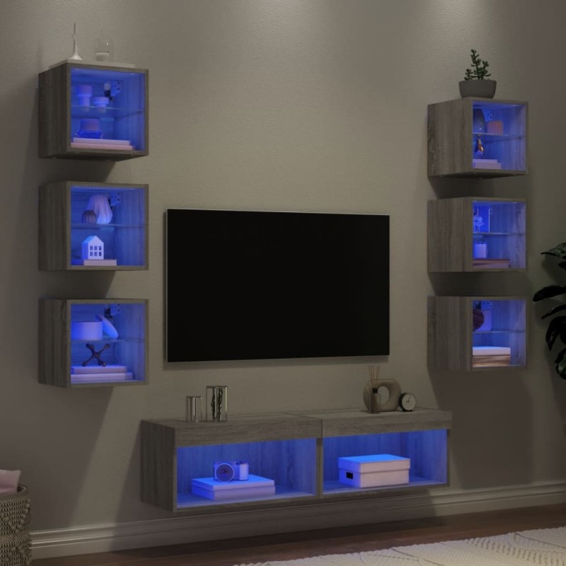 Unités murales TV avec LED 8 pcs gris sonoma bois d'ingénierie 614162614162