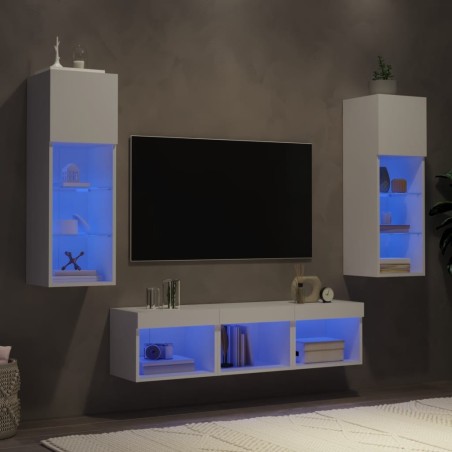 Unités murales TV avec LED 5 pcs blanc bois d'ingénierie 614183614183