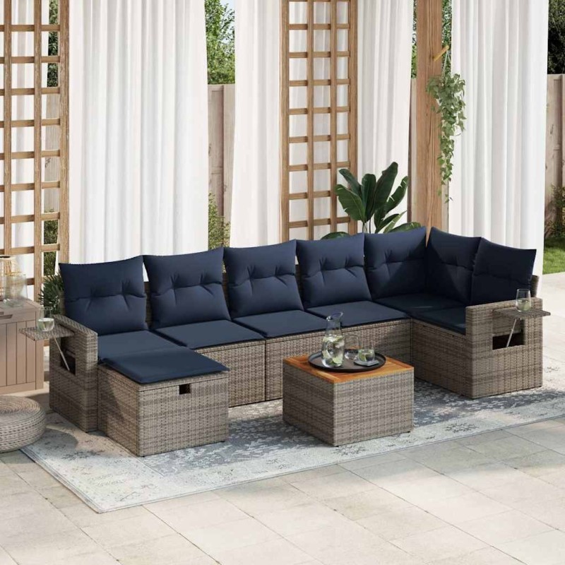 Salon de jardin 8 pcs avec coussins gris résine tressée 614184614184