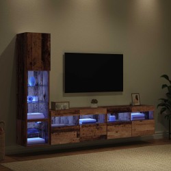 Unité murale de TV avec LED 4 pcs Bois ancien Bois d'ingénierie 614310614310