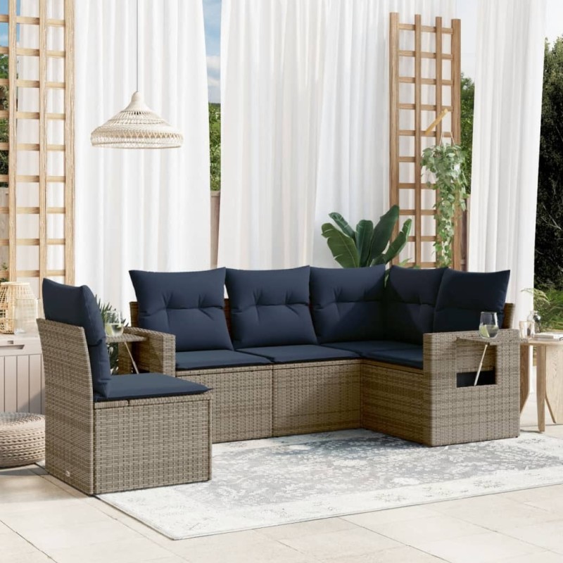 Ensemble de canapé de jardin 5 pcs avec coussins gris résine tressée 614700614700
