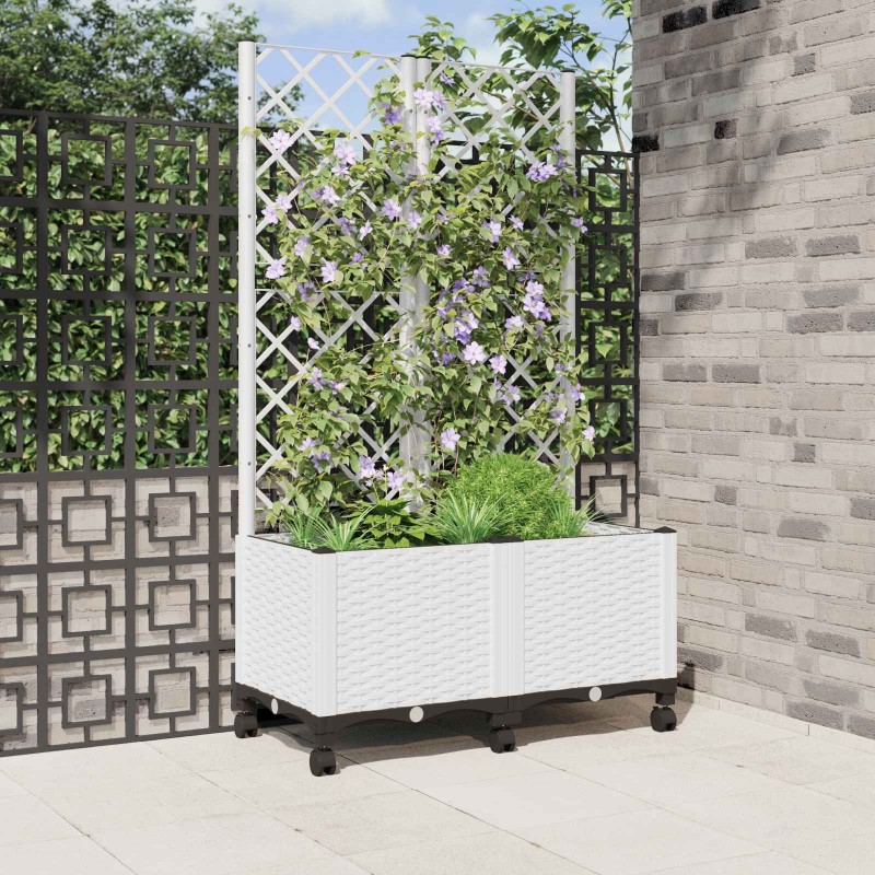Bac de jardin avec treillis et roues Blanc 80 x 40 x 146 cm PP 614746614746