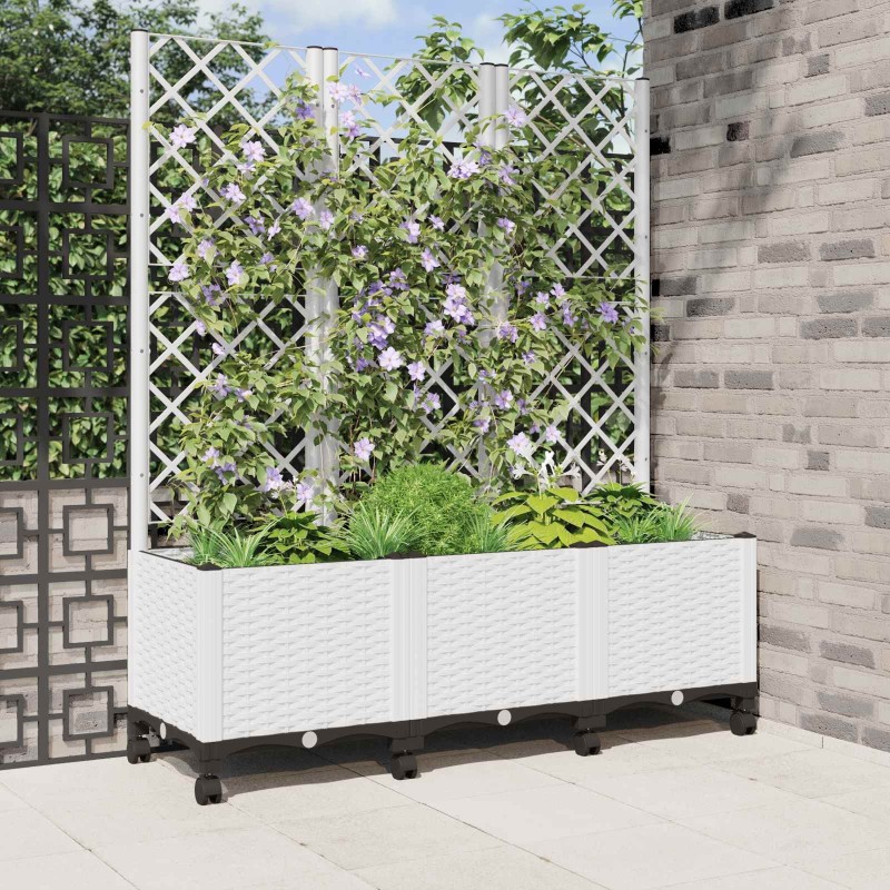 Bac de jardin avec treillis et roues Blanc 120 x 40 x 146 cm PP 614748614748