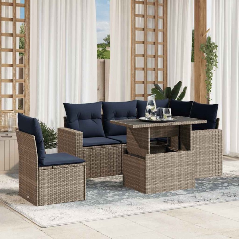 Ensemble de canapé de jardin 6 pcs avec coussins gris résine tressée 614788614788
