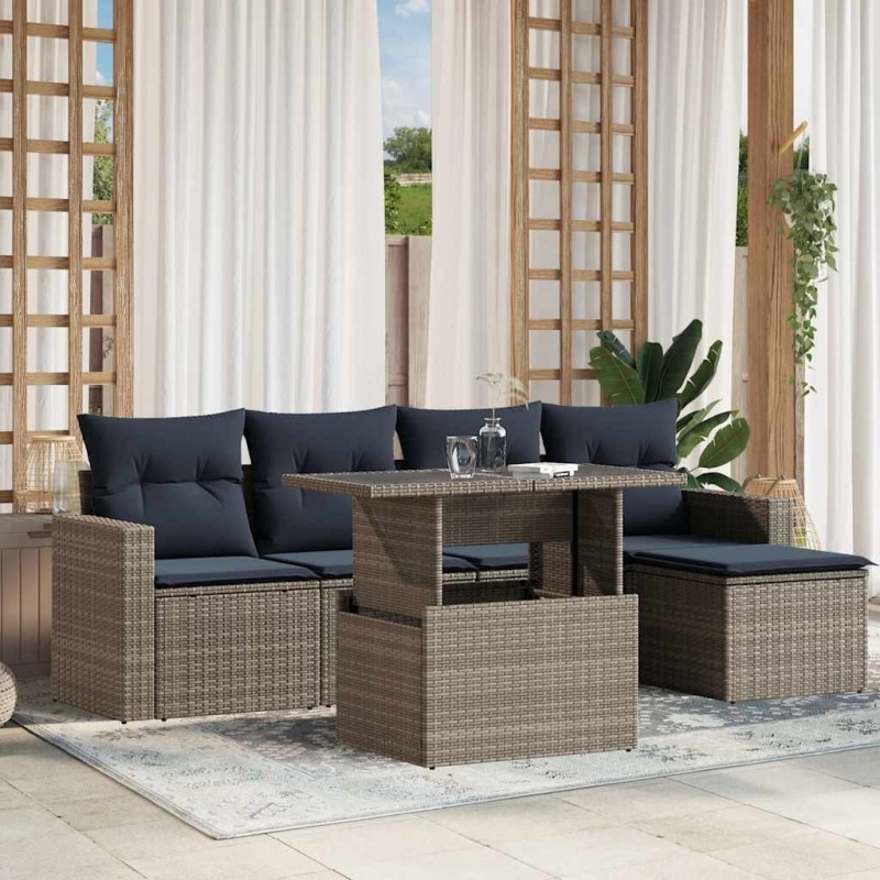 Ensemble de canapé de jardin 6 pcs avec coussins gris résine tressée 614802614802