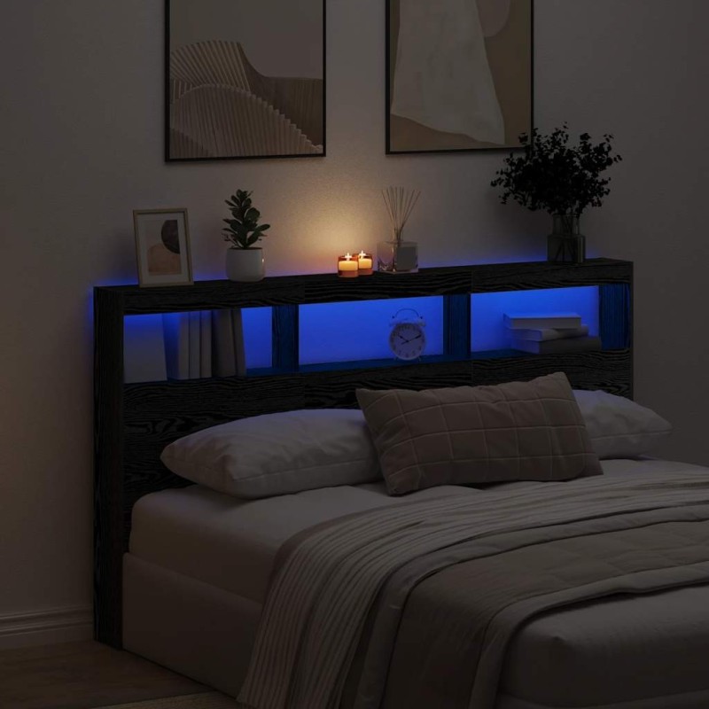 Armoire tête de lit avec LED chêne noir 180x17x102 cm 615164615164