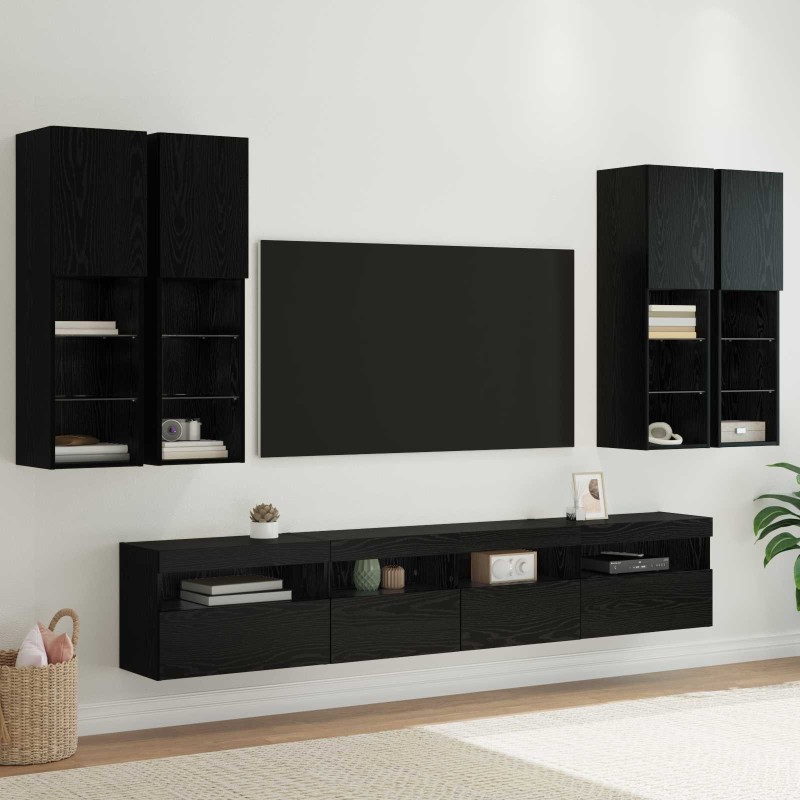 Ensemble de meuble TV mural avec éclairage LED 7 pcs Chêne noir 615292615292