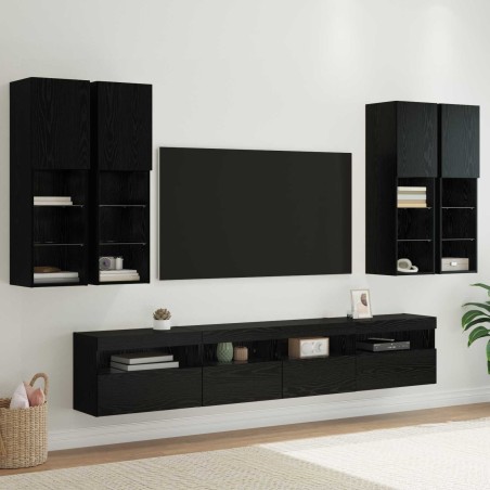 Ensemble de meuble TV mural avec éclairage LED 7 pcs Chêne noir 615292615292