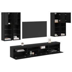 Ensemble de meuble TV mural avec éclairage LED 7 pcs Chêne noir 615292615292
