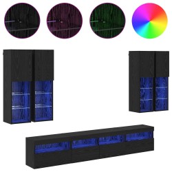Ensemble de meuble TV mural avec éclairage LED 7 pcs Chêne noir 615292615292