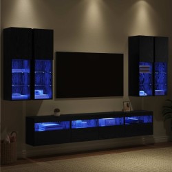 Ensemble de meuble TV mural avec éclairage LED 7 pcs Chêne noir 615292615292