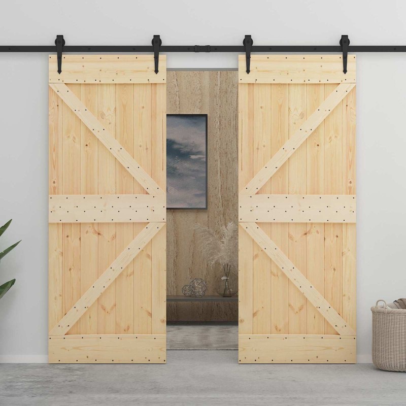 Porte coulissante 2 pcs Naturel et noir Bois de pin massif 615567615567