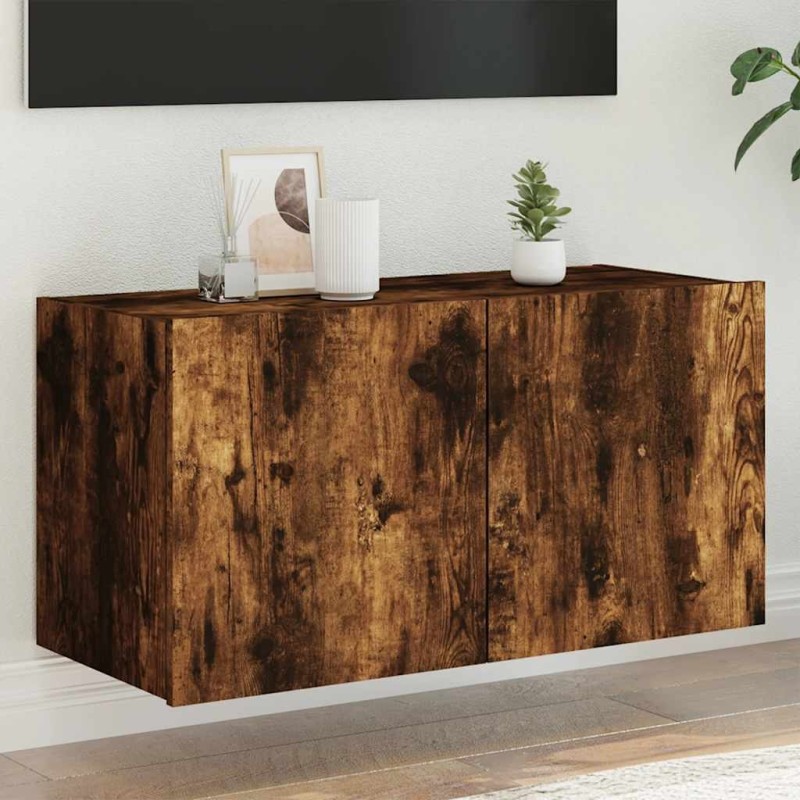 Meuble TV mural avec lumières LED chêne fumé 80x35x41 cm 615801615801