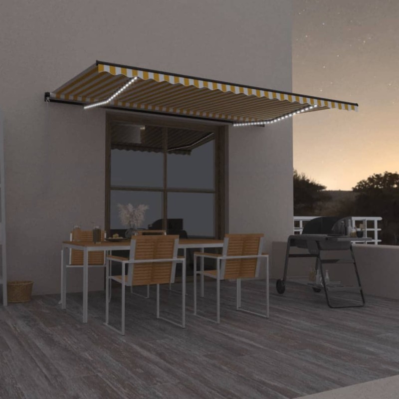 Auvent manuel rétractable avec LED 500x350 cm Jaune et blanc 616023616023