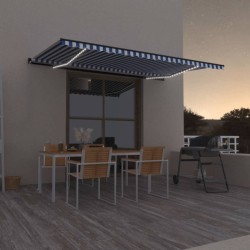 Auvent manuel rétractable avec LED 500x350 cm Bleu et blanc 616110616110