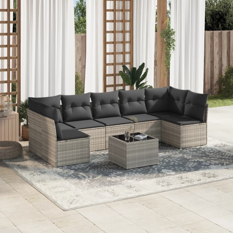Salon de jardin 8 pcs avec coussins gris clair résine tressée 616288616288