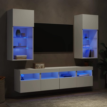 Unités murales TV avec LED 5 pcs blanc bois d'ingénierie 616795616795
