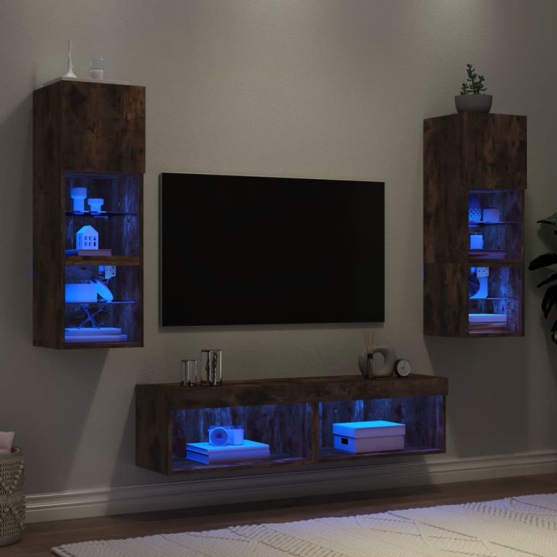 Unités murales TV avec LED 6 pcs chêne fumé bois d'ingénierie 616943616943