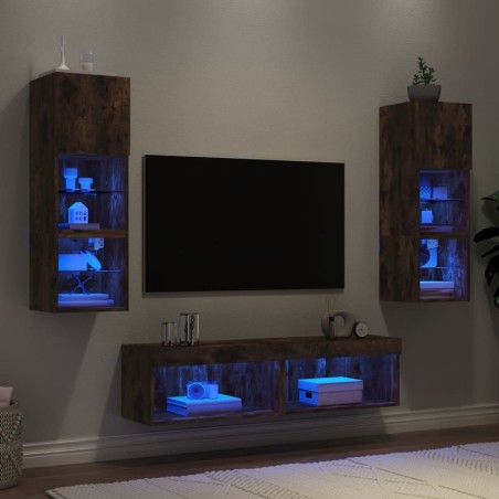 Unités murales TV avec LED 6 pcs chêne fumé bois d'ingénierie 616943616943