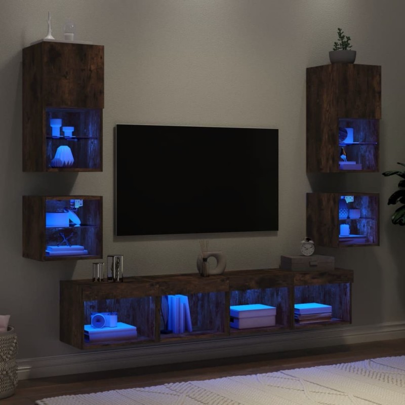 Unités murales TV avec LED 8 pcs chêne fumé bois d'ingénierie 616953616953