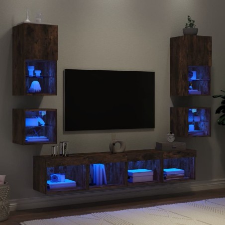 Unités murales TV avec LED 8 pcs chêne fumé bois d'ingénierie 616953616953